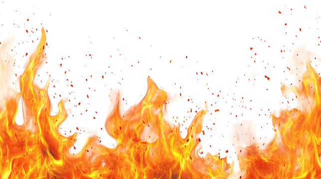 Fire flames burn isolated on white background. Fire burn flame isolated, abstract texture overlay. Flaming effect with burning fire. - Powered by Adobe