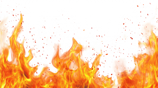 Fire flames burn isolated on white background. Fire burn flame isolated, abstract texture overlay. Flaming effect with burning fire.