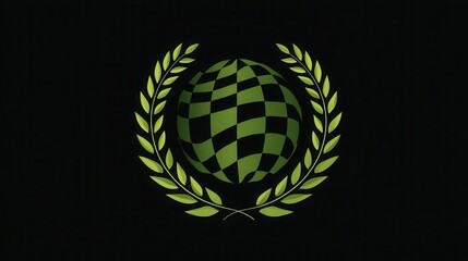 Checkered globe encircled by a laurel wreath.
