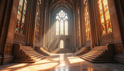 Obraz premium Stunning gothic cathedral interior with sunlight shining through stained glass windows. Ancient architecture design of palace hall with marble staircase. Beautiful illustration of historical