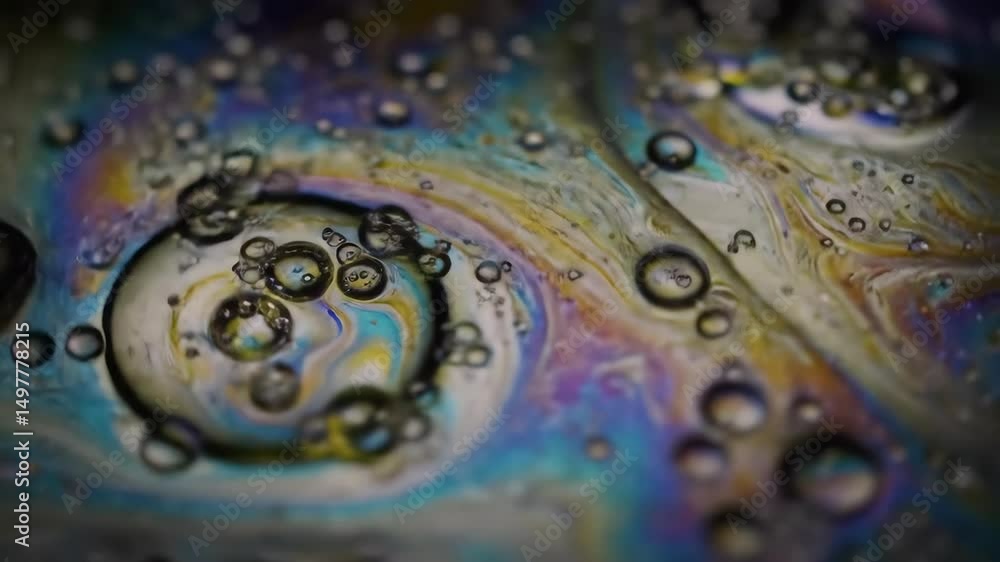 Poster bubbles float on iridescent liquid surface macro abstract close up