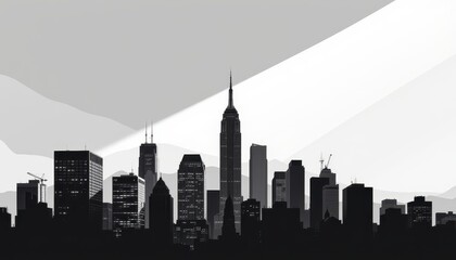 a monochrome stylized graphic emphasizing bold outlines and dramatic shadows of skyscrapers.