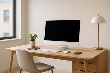 Minimalist modern office with natural lighting, stylish furniture, and clean tech setup, realistic photo style