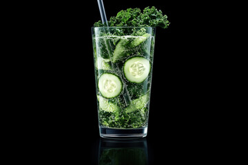 Tall glass of green juice with ingredients like kale, spinach, cucumber, and a straw