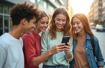 Obraz premium Group happy teenage friends looking cellphone laughing city street. Young diverse people use mobile tech, social media, online content. Joyful students enjoy mobile app. Friendship, fun, leisure
