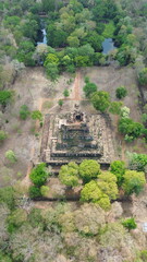 Drone Aerial Footage of Koh Ker Pyramid, Ancient Temple Complex, Cambodia..