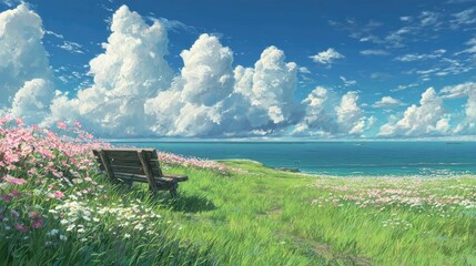 Tranquil coastal hillside meadow in full bloom with bench overlooking the calm ocean under a blue sky with fluffy clouds, peaceful nature and scenic solitude concept