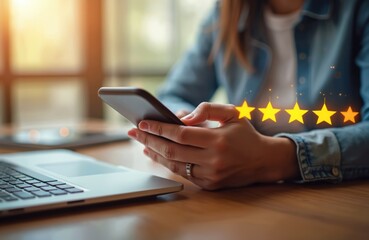 Fototapeta premium Person reviews excellent service on smartphone with five star rating. Online survey, good feedback, client satisfaction. Positive experience, testimonial, digital marketing, customer service,