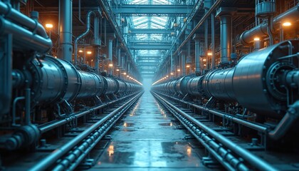 Obraz premium Industrial facility interior with metal pipes, machinery, electric equipment. Industrial plant interior, energy production, distribution. Manufacturing, power generation. Engineering background.