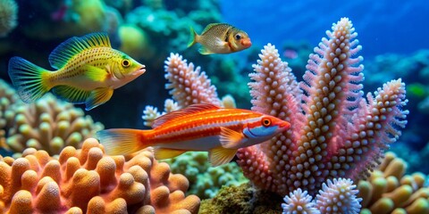 Vibrant Reef Inhabitants Three Colorful Fish Gracefully Swim Amidst a Lush Coral Garden