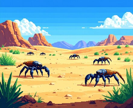 Desert Landscape with Futuristic Robotic Arachnids Exploring Sandy Terrain