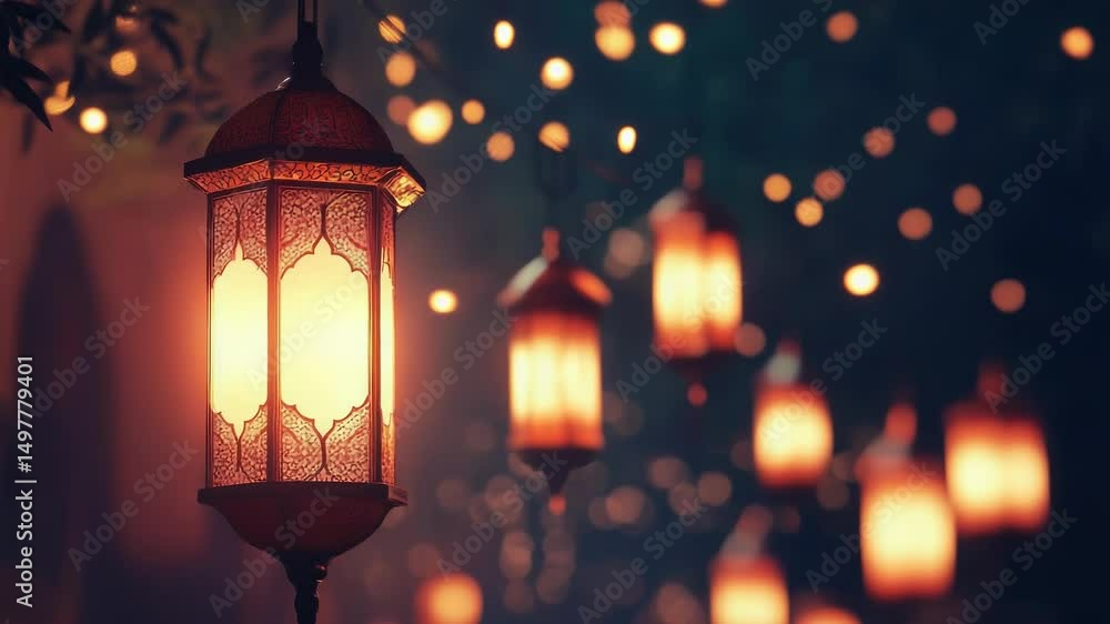 Poster A lantern hangs from a tree branch with lights shining in the background, suitable for use in outdoor or camping scenes