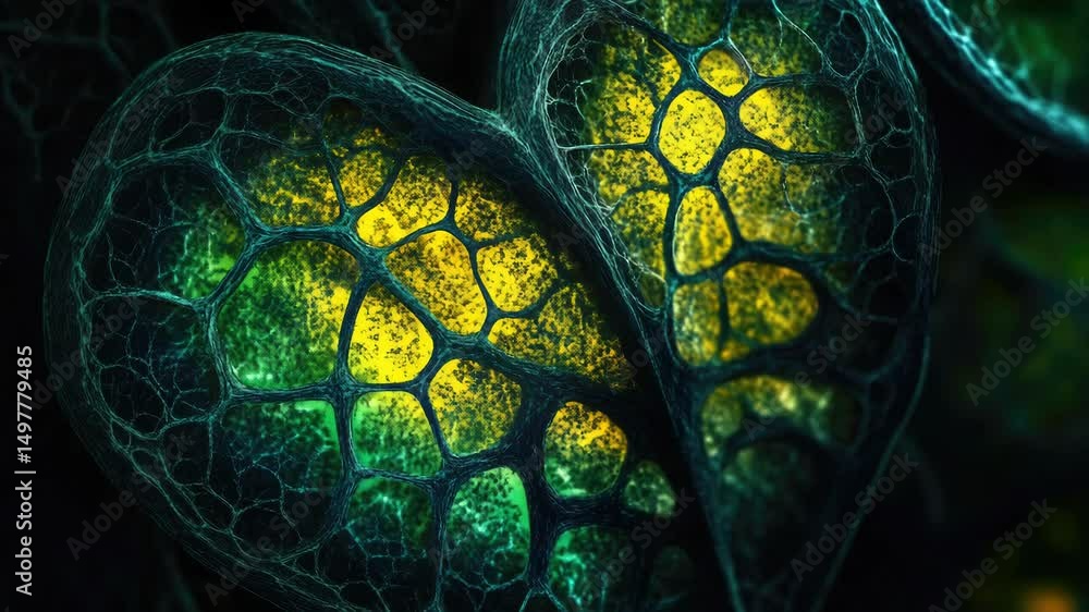 Poster a detailed view of a green leaf with yellow highlights, suitable for use in botanical or nature-them