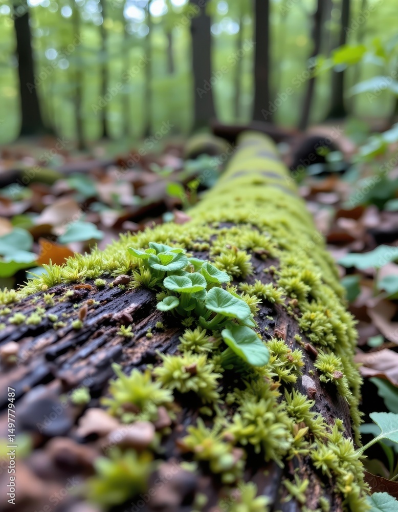 Poster realistic macro shot of moss and small plants growing on a fallen log in the forest