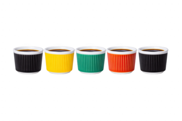A five colorful coffee cups with ribbed designs are lined up, each filled with coffee. cups are black, yellow, green, red, and black, creating vibrant and inviting display