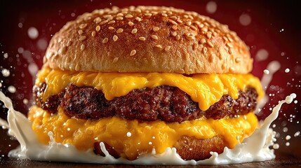 Delicious close-up of juicy double cheeseburger with melting cheddar cheese and sesame bun with milk splash effect, mouthwatering fast food concept