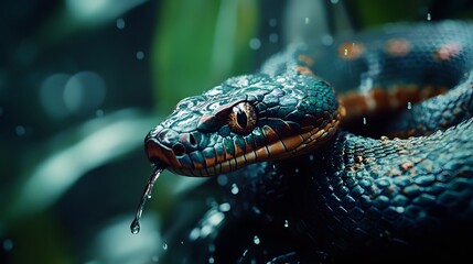 Snake in Rainforest: A snake in a dense, humid rainforest, with droplets of water on its scales.
