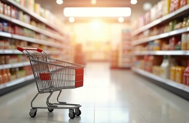 Empty red shopping cart moves through bright supermarket aisle. Shelves filled groceries. Modern retail store interior, consumerism, shopping. Shopping, groceries, consumer. Retail, purchase, buying,