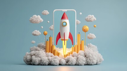 Colorful rocket launching from smartphone with futuristic city and clouds, symbolizing startup success, mobile technology innovation, and creative app development