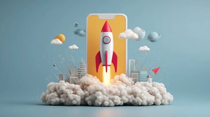 Colorful rocket launching from smartphone with futuristic city and clouds, symbolizing startup success, mobile technology innovation, and creative app development