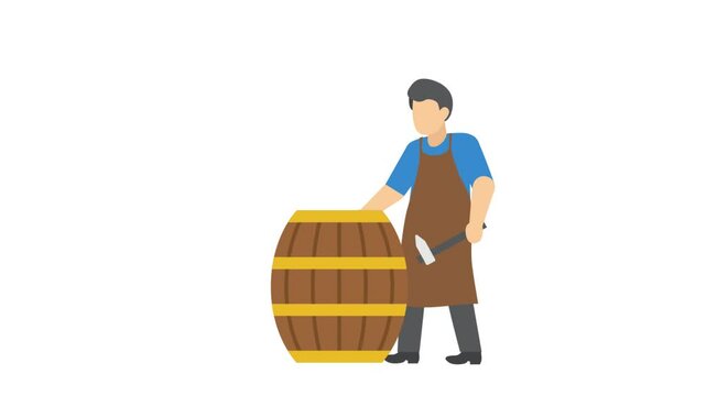 coopers Making Barrels hitting nail head animation, wooden casks maker performing animated video, Crafting occupations Clip, hobby and art works footage, Creative People motion graphics