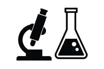Science lab equipment silhouette microscope and flask