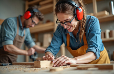 Male, female carpenters work together in workshop. Man, woman craft wood using tools. Smiling female, man wear protective headphones, aprons, glasses. Team building in woodworking business.