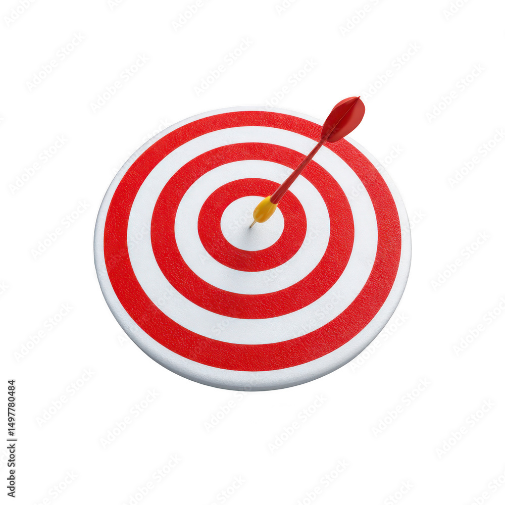 Poster a red and white target with bullseye hit by single arrow symbolizes precision and success. arrow is 