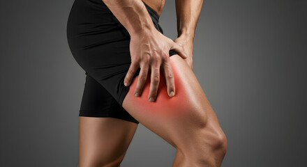 Naklejka premium Muscle pain thigh injury ache soreness inflammation sports recovery workout fitness health medical treatment therapy healthcare exercise bodybuilding athlete