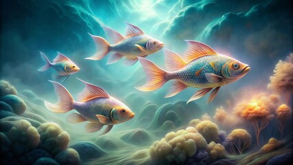 Serene Aquatic Scene Featuring Three Graceful Fish Swimming Amidst Lush Underwater Flora and Fauna
