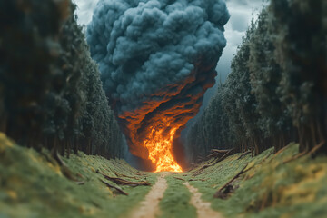Tornado moving through a dense forest, uprooting trees and creating a path of destruction