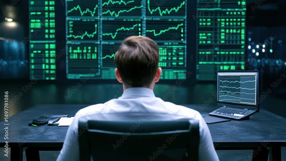 Poster a man analyzes financial data on multiple screens in a dark office, monitoring stock charts and mark
