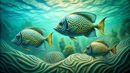 Serene Underwater Scene Featuring Three Ornate Fish Swimming Gracefully Over a Textured Ocean Floor