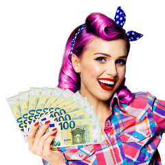Square image - happy expressive smile pinup woman hold euro money cash, wear plaid shirt, isolate white background. Purple red hair cute model in retro fashion vintage studio discount sale ad concept