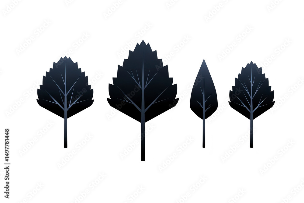 Poster a four stylized dark blue leaves with white veins are arranged in row, each varying in shape and siz