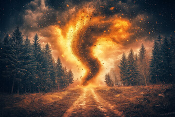 Tornado moving through a dense forest, uprooting trees and creating a path of destruction