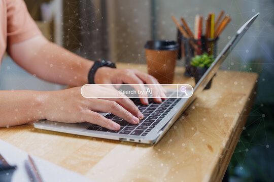 Woman using ai powered search engine on internet.