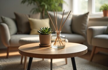 Fototapeta premium Reed diffuser with scented aroma sticks and house plant on a wooden table. Modern cozy home interior decor with neutral colors. Relaxing home aromatherapy and wellbeing. Fresh air concept.