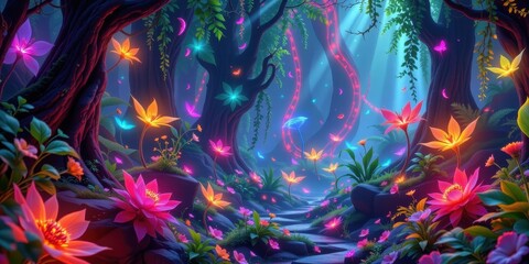 surreal digital artwork showing an enchanted jungle with glowing plants and floating leaves, vibrant neon colors