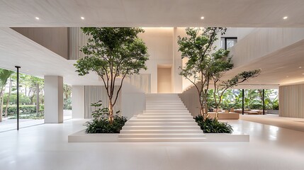 Interior Staircase with Trees in Modern Building