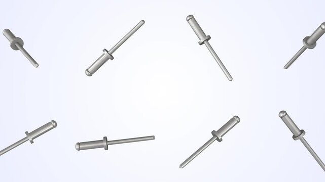Blind Rivets Falling on a Light Blue Background. Aluminum Rivets 3D. 4K