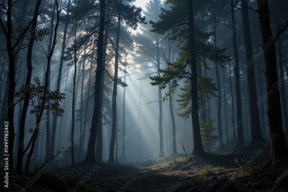 Poster a hyper realistic digital painting of a dense, shadowy forest with soft mist and dappled light filte