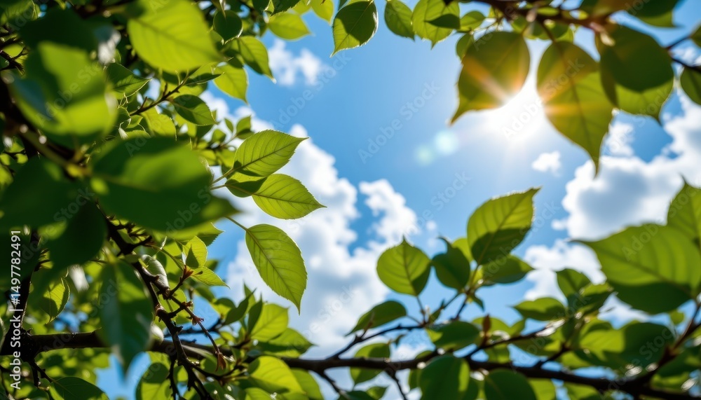 Poster a macro close up of leaves and branches with a clear opening in the canopy showing a bright sky and 