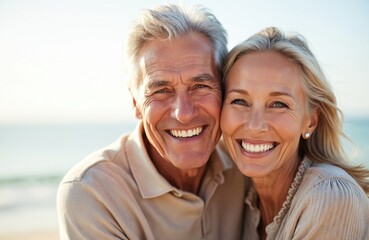 Cheerful senior couple with bright smiles showing perfect white teeth. Happy elderly man woman portrait. Healthcare dentistry concept. Healthy lifestyle. Beautiful people on beach, seaside background.