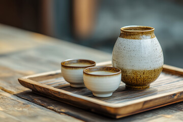 Traditional Japanese sake set with a ceramic sake bottle and small cups, served on a wooden tray