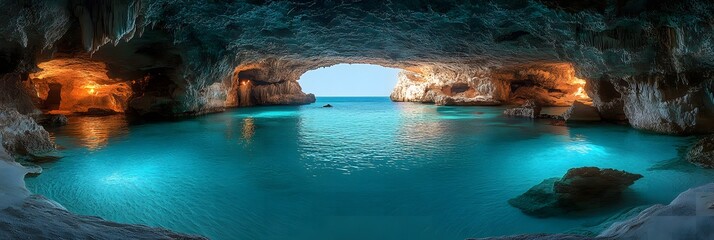 View of a turquoise sea from inside a cave with rock formations and a small boat in the distance