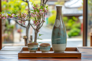 Traditional Japanese sake set with a ceramic sake bottle and small cups, served on a wooden tray