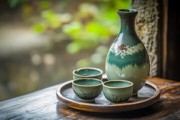 Traditional Japanese sake set with a ceramic sake bottle and small cups, served on a wooden tray