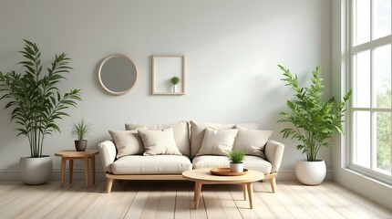 Modern Scandinavian home interior design characterized by an elegant living room featuring a comfortable beige sofa, mid century furniture, soft cozy carpet, wooden floor, white walls, and home plants