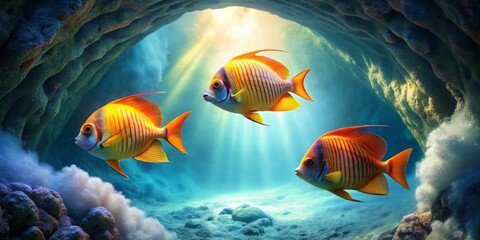 Naklejka premium Three Vibrant Fish Swim Gracefully in an Underwater Cave Illuminated by Sunbeams, Creating a Serene and Magical Aquatic Scene